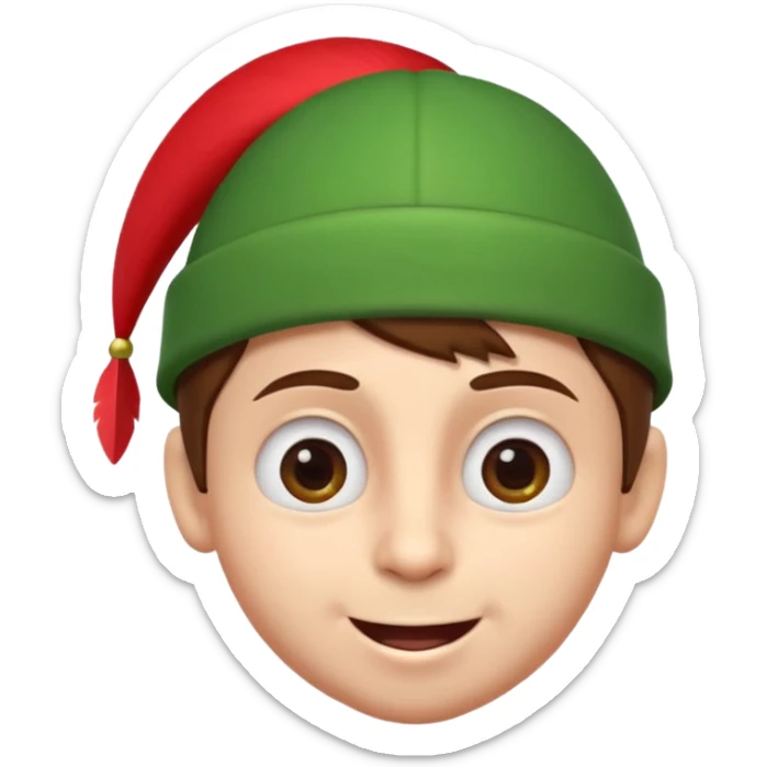 A cute 3D emoji head of a mischievous cartoon boy, fair skin, big expressive eyes, thick eyebrows, smiling with a slightly open mouth, brown hair, wearing a green pointed cap with a red feather, smooth sticker