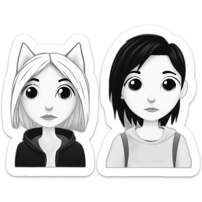 a dog and a dark-haired girl with spiky hair looking at each other in style of ((sarah andersen)), black and white sticker