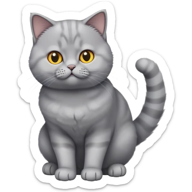cinematic-[British shorthair cat]-realistic-full-body-sitting-emoji,-tail-curled-playfully-around-its-paws,-head-tilted-dramatically,-fluffy-[grey]-fur,-simplified-yet-hilariously-adorable-features,-highly-detailed,-glowing-with-an-almost-sarcastic-glow sticker