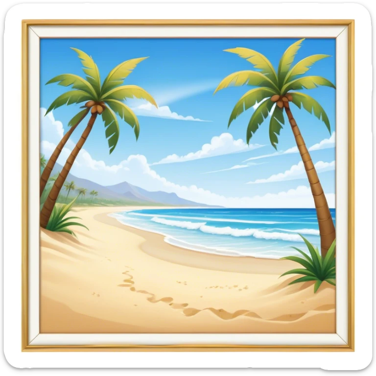 Cinematic Realistic Beach Emoji in a wooden frame, Sunny and bright, with soft golden sand stretching as far as the eye can see, gently lapping waves crashing onto the shore, and a clear, blue sky above. Palm trees sway in the warm breeze, crystal clear water of the waves on the landscape. Soft glowing outline, capturing the essence of a relaxed, joyful beach day filled with sun, sand, and surf! sticker