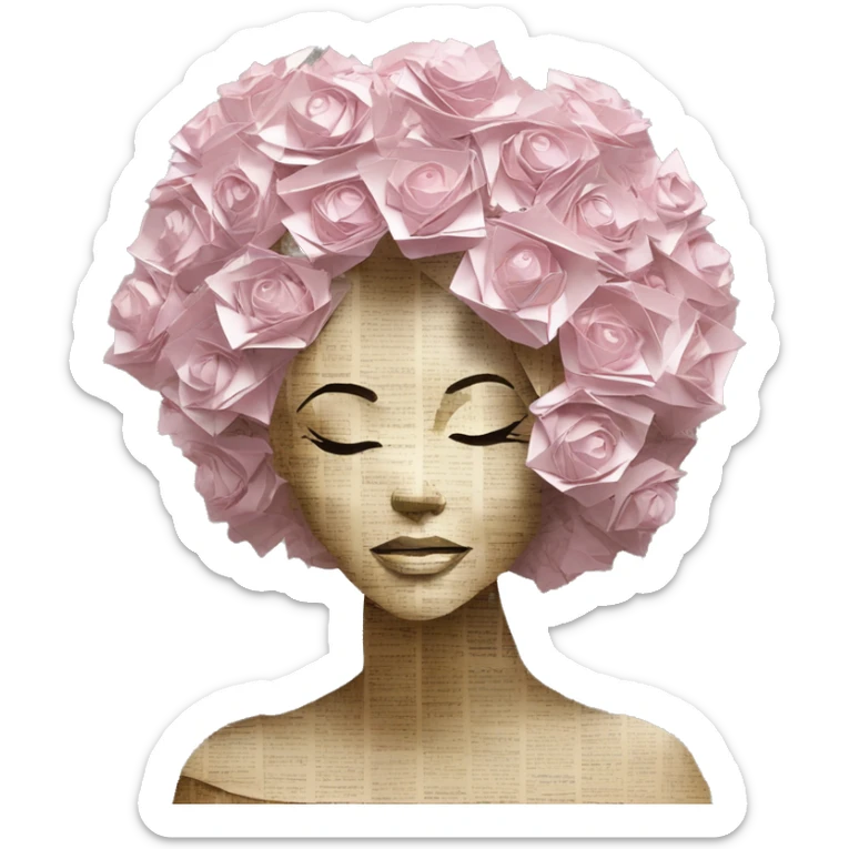 Glamorous lady made of 420 origami newspaper roses hemp leaves lantern fairy lights burning paper vaporwave sticker