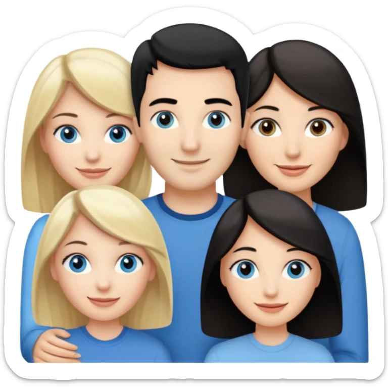 Blond woman with blue eyes on left. And a Man with black hair and grey eyecolor in the middle. And a blank woman with brown hair and grey eyes on the right. Happy together sticker