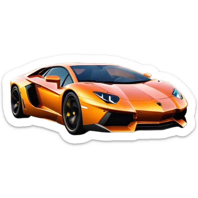 Lamborghini Aventador speeding down Sunset Avenue at dusk, headlights blazing. The sky glows in warm sunset hues, reflecting off the sleek car. Motion blur emphasizes speed, with palm trees and city lights in the background. Transparent background. sticker