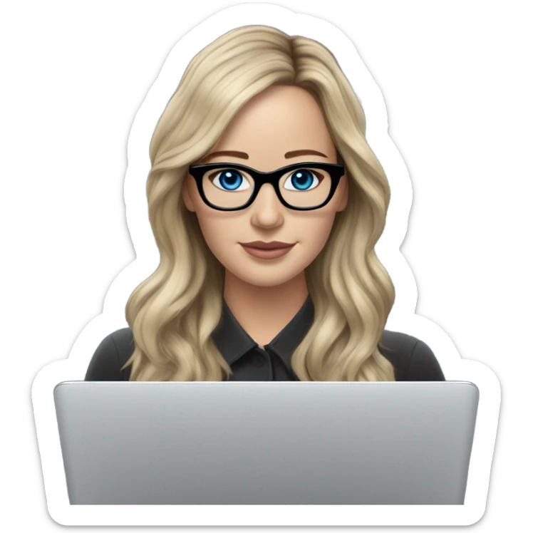 Realistic Photo of Brunette Jennifer Lawrence wearing black glasses and blue eyes  on a laptop  sticker