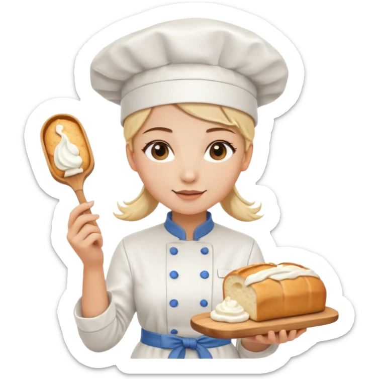 Young female baker - white chef hat, holding cream piping bag to milk oil on bread sticker