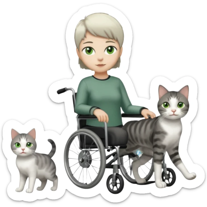 full body small short hair dark grey and white cat with green eyes walking in a wheelchair for cats sticker