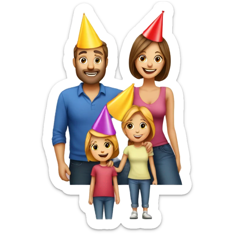 european family of 4 people (mom dad and 2 kids) celebrate birthday in birthday hats sticker