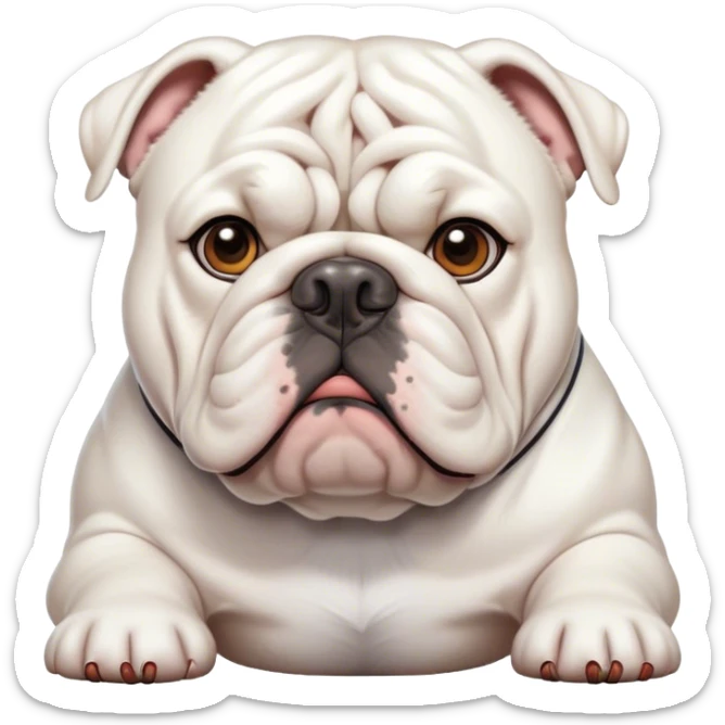 Cinematic Noble White English Bulldog Portrait Emoji, Poised and regal, with a sturdy, muscular build and a pristine, well-groomed pure white coat, deep-set soulful brown eyes, Simplified yet sharp and sophisticated features, highly detailed, glowing with a soft, dignified glow, high shine, intelligent and resolute, stylized with an air of authority, focused and attentive, soft glowing outline, capturing the essence of a watchful and confident guardian, so majestic it feels as though it could lumber out of the screen with effortless authority! sticker