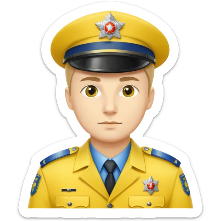 Russian police officer with yellow hat and yellow uniform instead of traditional blue sticker