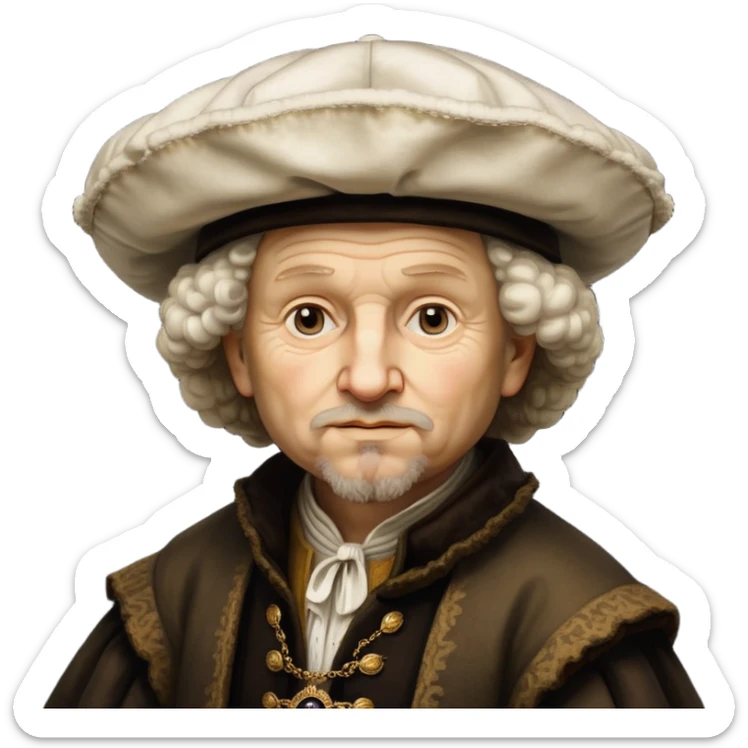 emoji of rembrandt,-shown-as-a-master-artist-with-deep,-introspective-eyes-and-richly-detailed-period-clothing,-rendered-with-dramatic-chiaroscuro-lighting-that-emphasizes-his-legacy white puffy hat sticker