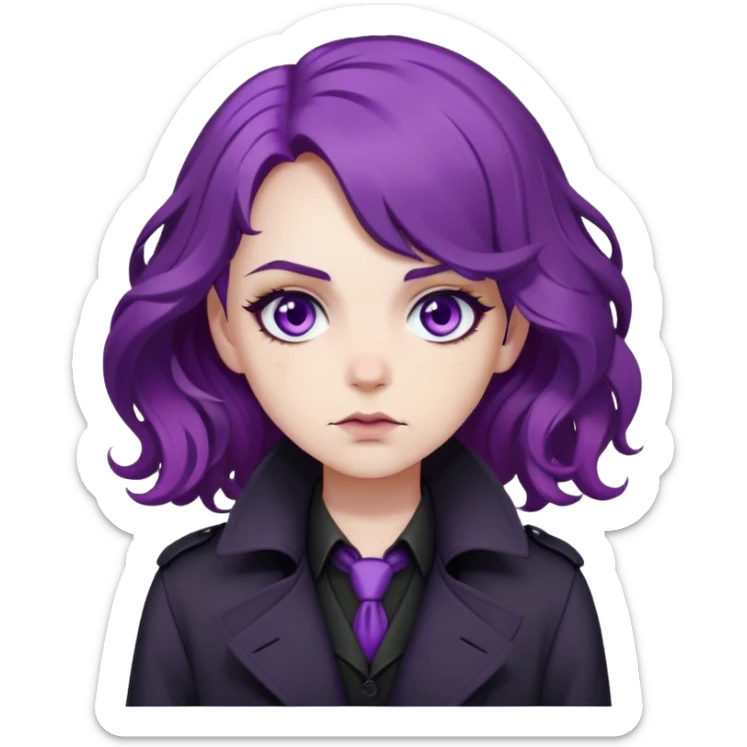 A noir-style detective with wavy purple hair, black trench coat, and piercing violet eyes sticker