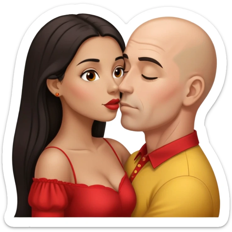 short venezuelan woman with long dark hair kissing tall bald american man sticker
