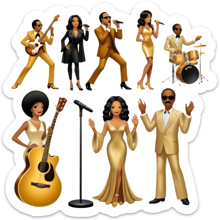 Icon for R&B Music: collage of legendary R&B artists—Diana Ross, Stevie Wonder, Marvin Gaye, Janet Jackson, Billy Ocean, and Whitney Houston. Represented by silhouettes or symbolic items like a microphone, guitar, or music notes. Transparent background. sticker