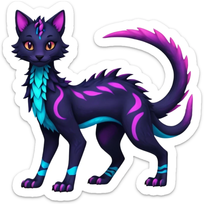 Kawaii dark edgy colorful vibrant neon glowing fantasy feline-vernid-sergal-fursona animal creature with a tufted tail full body with intricate markings  sticker