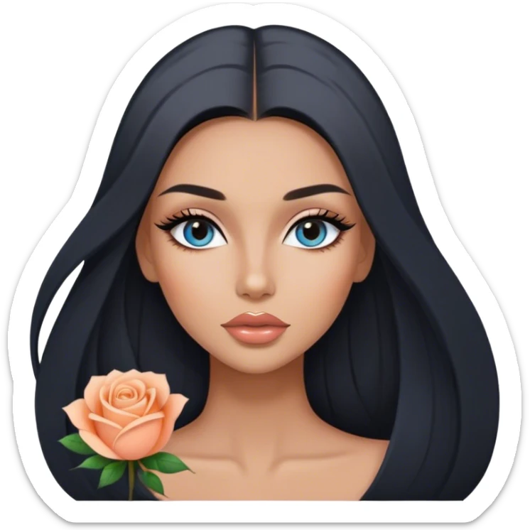 Glamours, tanned, very beautiful girl, with big pump peach-beige-rose lips, long long lashes, black straight smooth silky long hair, straight parting hair, blue-grey eyes sticker
