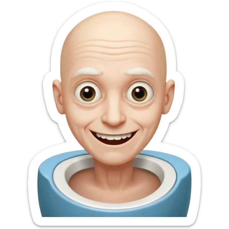 A bald person who’s very old is staring, he’s inside a toilet and his head is upright and looking at the camera with very wide eyes and a massive smile, in a very creepy way. sticker