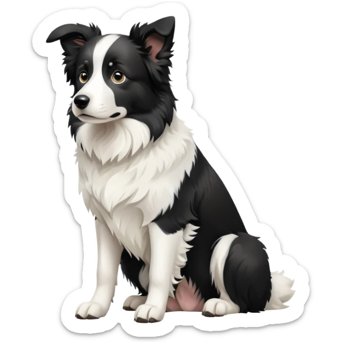 Sitting Border Collie dog with ONLY ONE single black ear, the rest of the dog including the other ear is completely white, extreme contrast between the one black ear and white body sticker