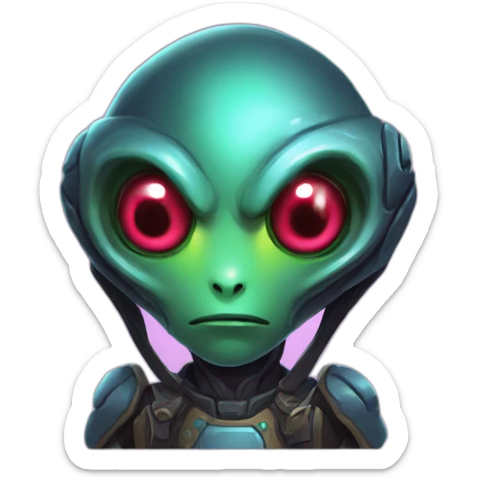 alien with a hearts in the eyes futuristic roguelike rpg style inspired by hearthstone sticker