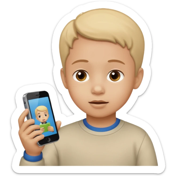 A child holds a phone in his hand, with cartoons on TV in the background sticker