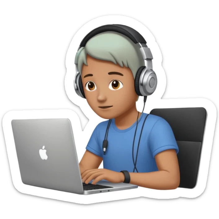 laptop ile çalışan kulaklık tana biri, bilgisayar logosuz olsun sticker