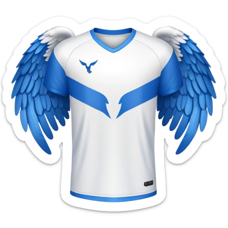 White and blue football shirt with angel wings symbol sticker