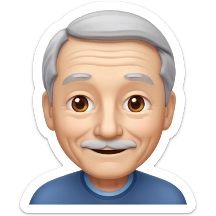 A 3D emoji in iOS emoji aesthetic style of an old man with gray hair, gentle wrinkles, kind smile, and soft eyes. Minimal white background, glossy Apple-style design, warm and friendly expression. sticker
