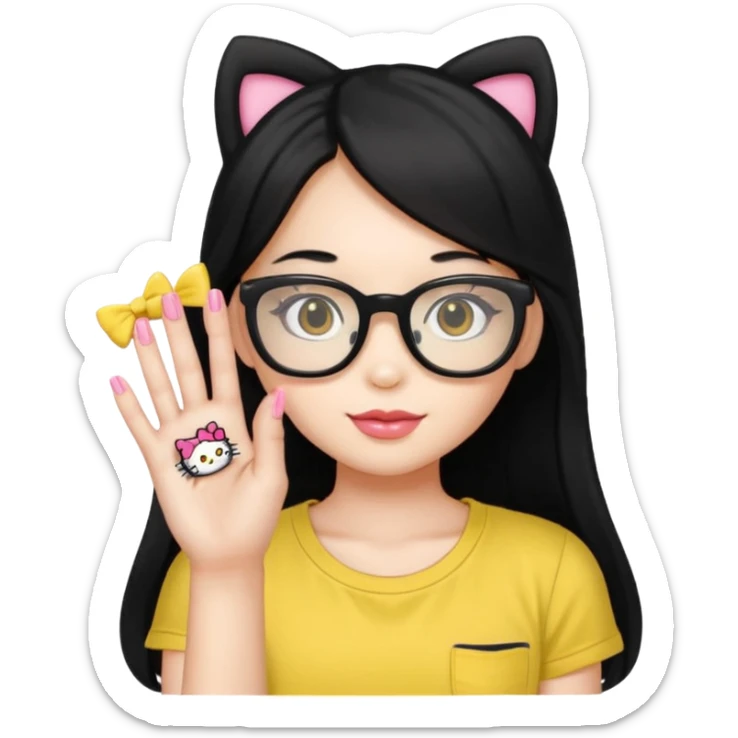 Nails cute with hello kitty wear glasses black long  hair wear, yellow shirt sticker