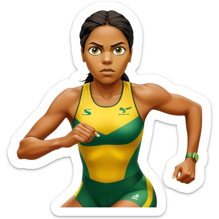 Cinematic Realistic portrait of Cathy Freeman, shown as an iconic Australian sprinter with a focused, determined expression and modern athletic yellow and green attire accented with subtle native motifs, rendered in dynamic, vibrant lighting sticker