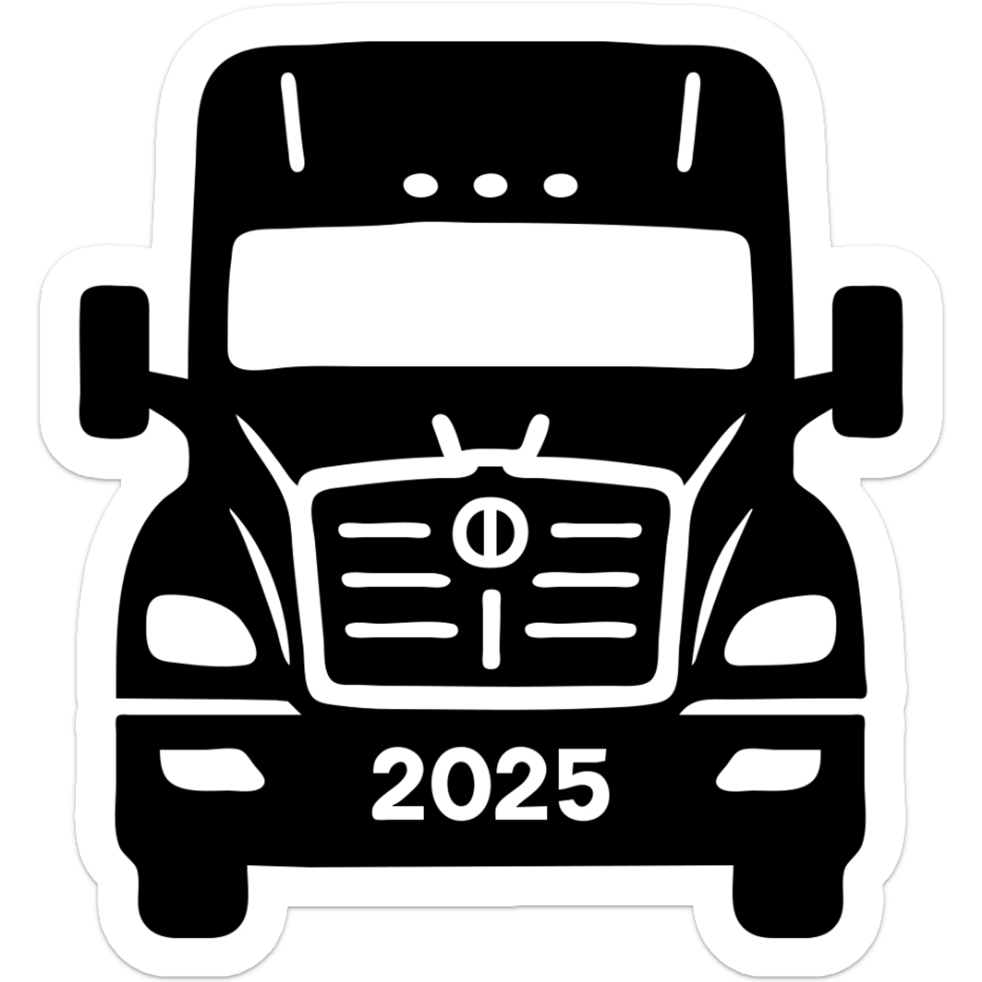 Minimal flat icon style close-up front view of a 2025 Kenworth T680 truck in black color with headlights on, no background. sticker