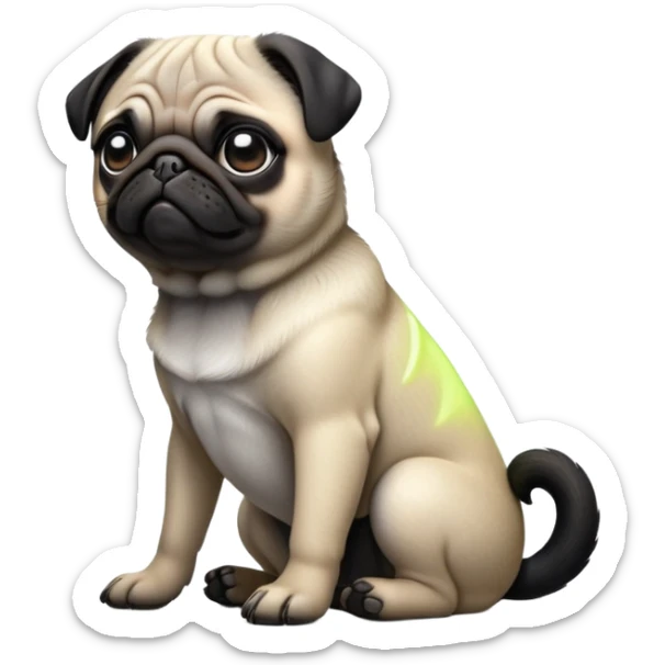 cinematic-[pug]-realistic-full-body-sitting-emoji,-tail-resting-loosely-beside-its-paws,-head-tilted-dramatically, -sleek-[black]-fur,-simplified-yet-realistic-focused-features,-highly-detailed,-glowing-with-an-almost-sarcastic-glow sticker