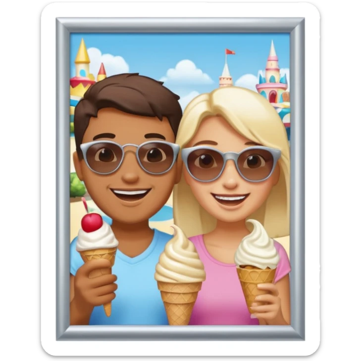 a photo in a silver frame, of 2 friends in a theme park sticker