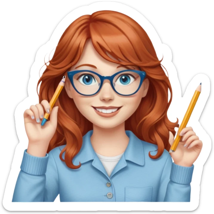 redheaded woman with very long wavy hair and bangs, blue eyes, clear cat-eye glasses, casual chic outfit, holding a pencil, smiling, waving sticker