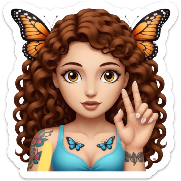 portrait woman long curly brown hair brown eyes white skin tattoos muscular build butterfly landing on finger sticker