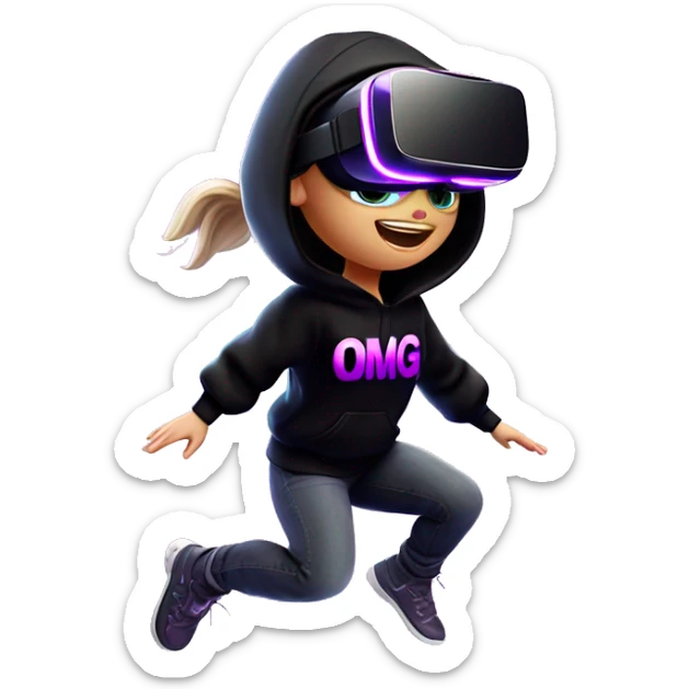 Russian girl wearing black hoody with violet letters "OMG", in vr headset oculus quest2. jumping. Cyberpunk style. Violet neon. sticker
