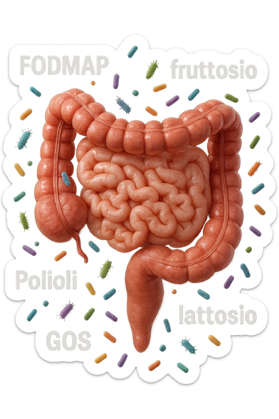 intestino umano anatomico con parole TIPO "FODMAP, fruttosio, lattosio, GOS, Polioli" in italiano CHE GLI FLUTTUANO INTORNO INSIEME A BATTERI INTESTINALI, iperrealistica 4k sticker
