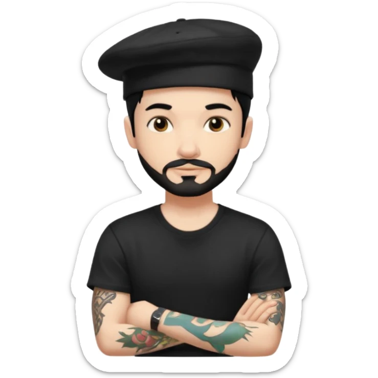 White guy with black hat back with little facial hair and black t shirt with tattoos sticker
