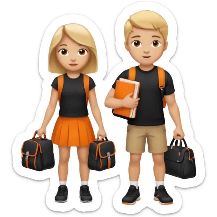 light skin students girl and boy with school bag full of books on hand and dumbell in other hand. Clothes are in black and orange colours. They are going to the gym. They have brown and blonde hair sticker