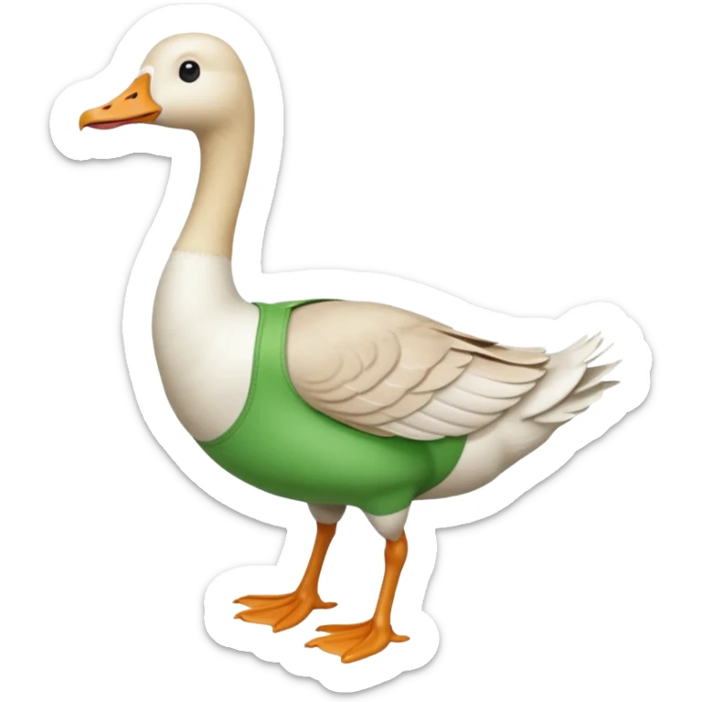"Emoji of a white running goose with a very very long neck and two legs. The goose wears bright green dungarees." sticker