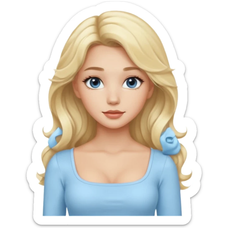 pretty girl blonde wavy long hair makeup light baby blue skin tight square neckline long sleeve top sticker