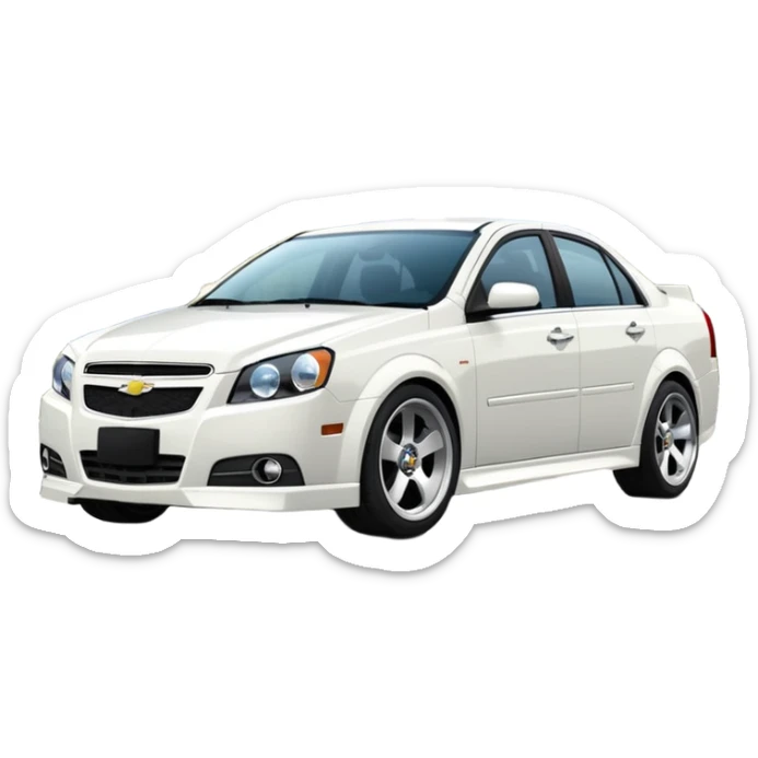 A cinematic, high-detail photograph of a glossy white Chevrolet Optra Magnum sedan with tinted windows and custom alloy rims sticker