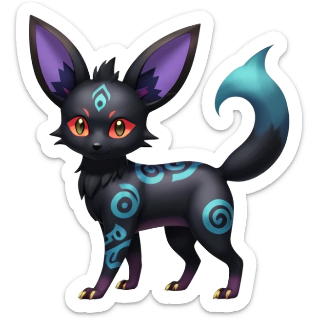 Shiny Exotic Badass Colorful Ethereal Royal Mysterious Gothic Umbreon-Zorua-Litten-Noibat-Pokémon-Fakémon-hybrid-creature (full body) with random pattern-markings sticker