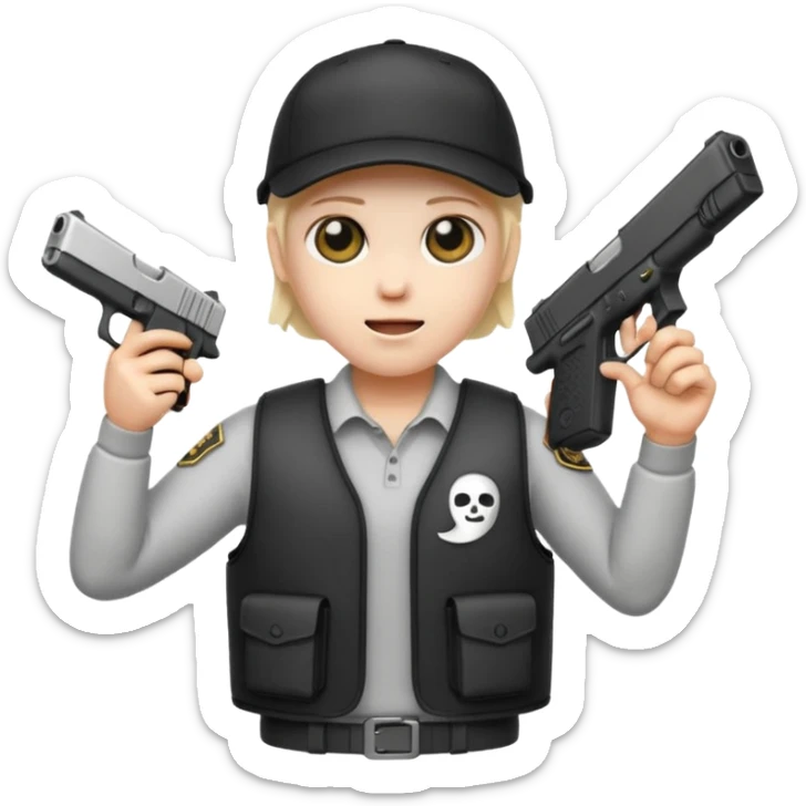 Emoji de fantasmita con una Glock 17 en la mano izquierda, con gorra y un chaleco antibalas  sticker