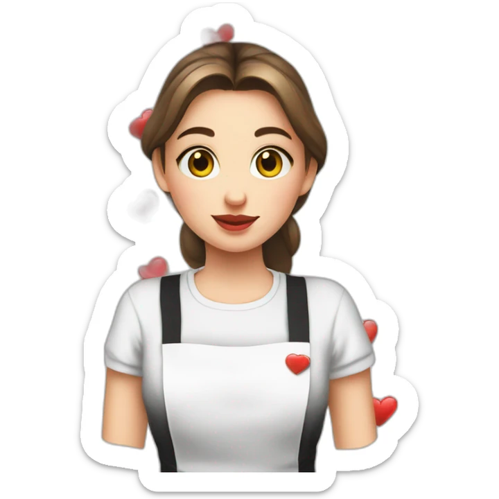Slavic girl in a white T-shirt and a black apron sends a kiss with a heart sticker