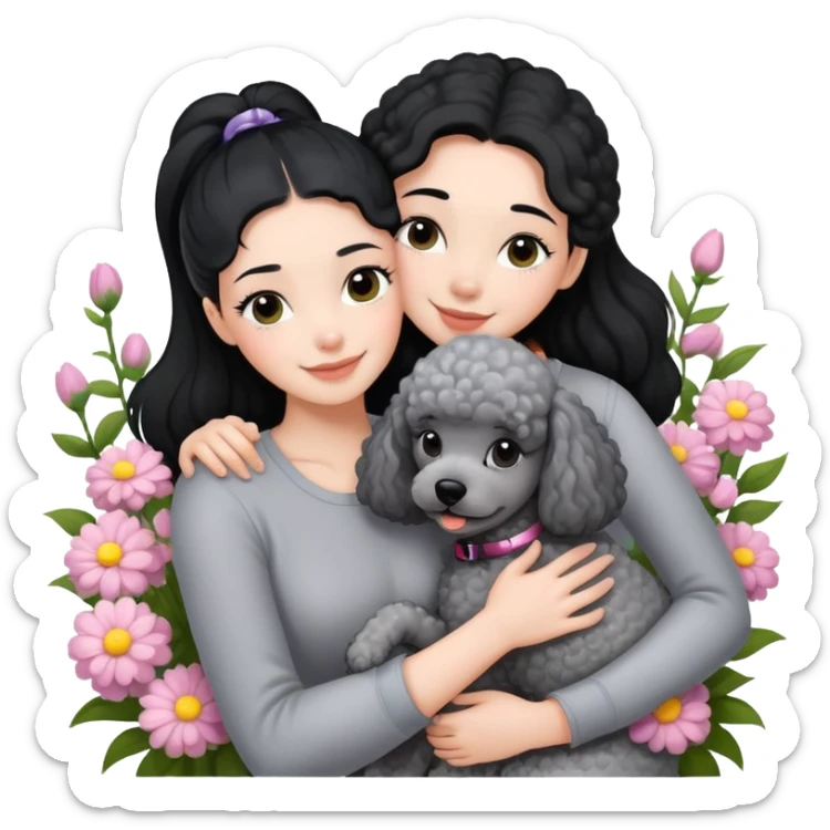 A beautiful girl with black ponytail happily hugs a gray poodle in the flowers sticker