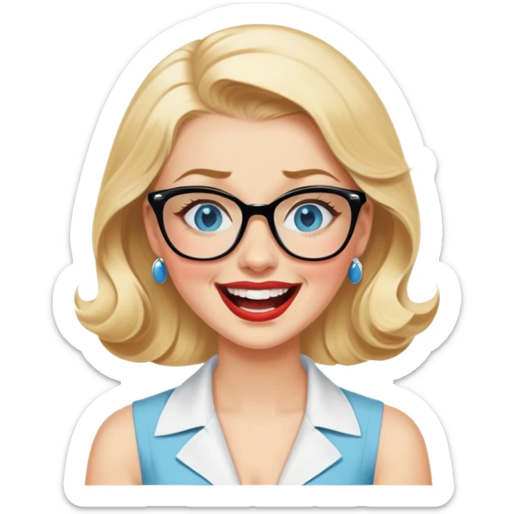 Blonde hair, blue eyed, wearing glasses 50's style pinup laughing crying sticker