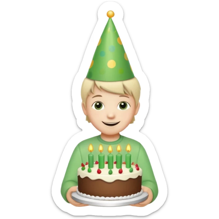 smiling child wearing a green birthday hat, standing in front of a small birthday cake with green details, cheerful and festive atmosphere sticker