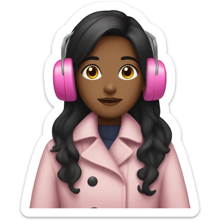 Long black hair brown skin Girl with pink earmuffs and trench coat on  sticker