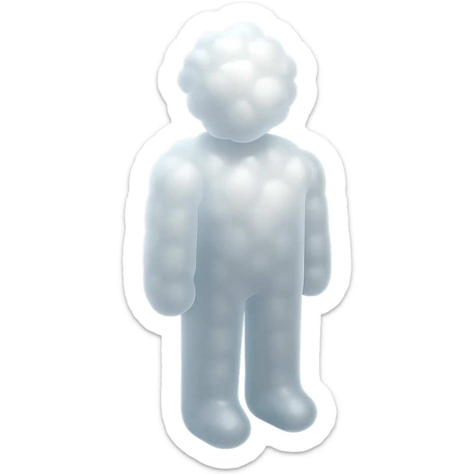 a person standing straight, made entirely of white fluffy convex clouds up to the shoulders, matte glass style sticker