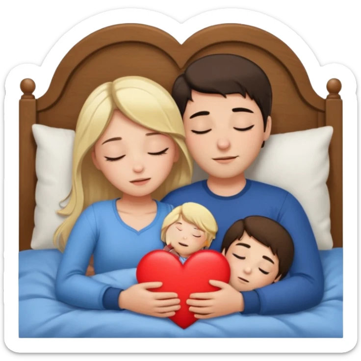 cuddling in bed, asleep. blonde girl. brunette man. eyes closed. heart between them. no headboard sticker