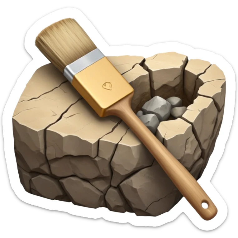 3D render of Archeology Brush, embedded in a chunk of rough sedimentary rock, cracked stone texture, ancient fossil aesthetic,pale wooden handle with dusty beige bristles, matte dry finish, Apple emoji style, isolated on white background --v 6.0. sticker